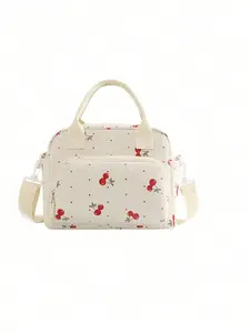 Portable Cherry Leopard Print Zipper Lunch Bag, Large Reusable Insulated Lunch Box, Star Pattern Bento Bag, Student School Supplies, Lunch Bag Women, Insulated Lunchbox Cooler