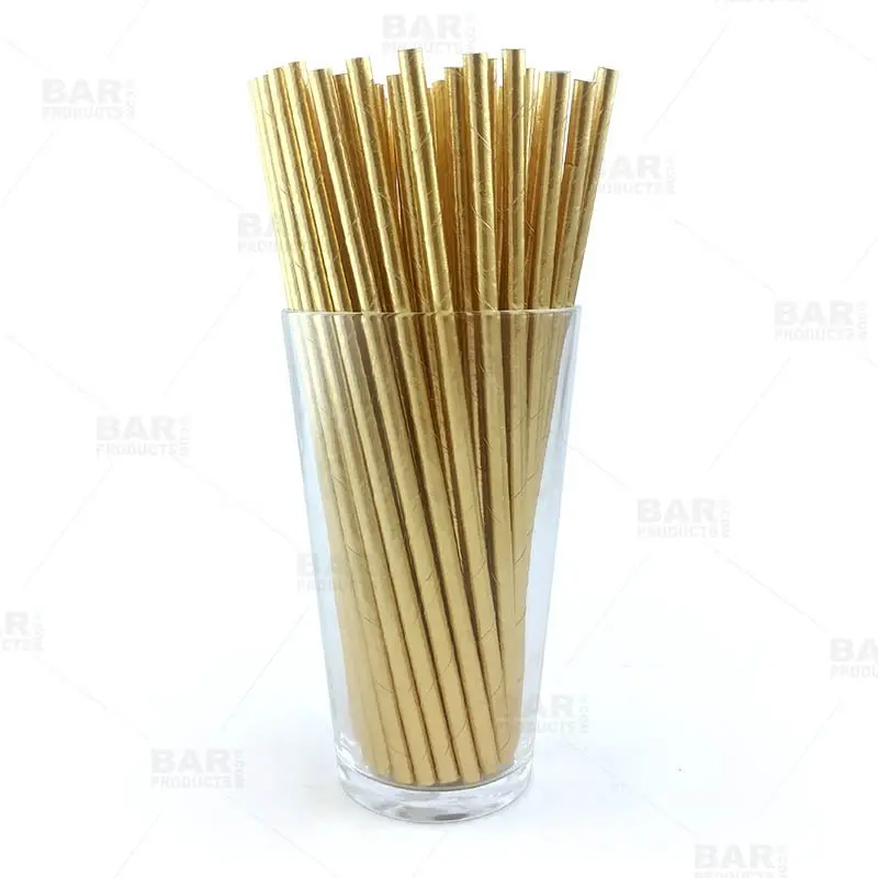 BarConic® Classic Environmentally Friendly Metallic Gold Design Biodegradable Paper Straws - 7.625x0.25" Disposable Straws for Bars, Holidays, Pack of 100 - Kitchen & Bar Beverage Utensils