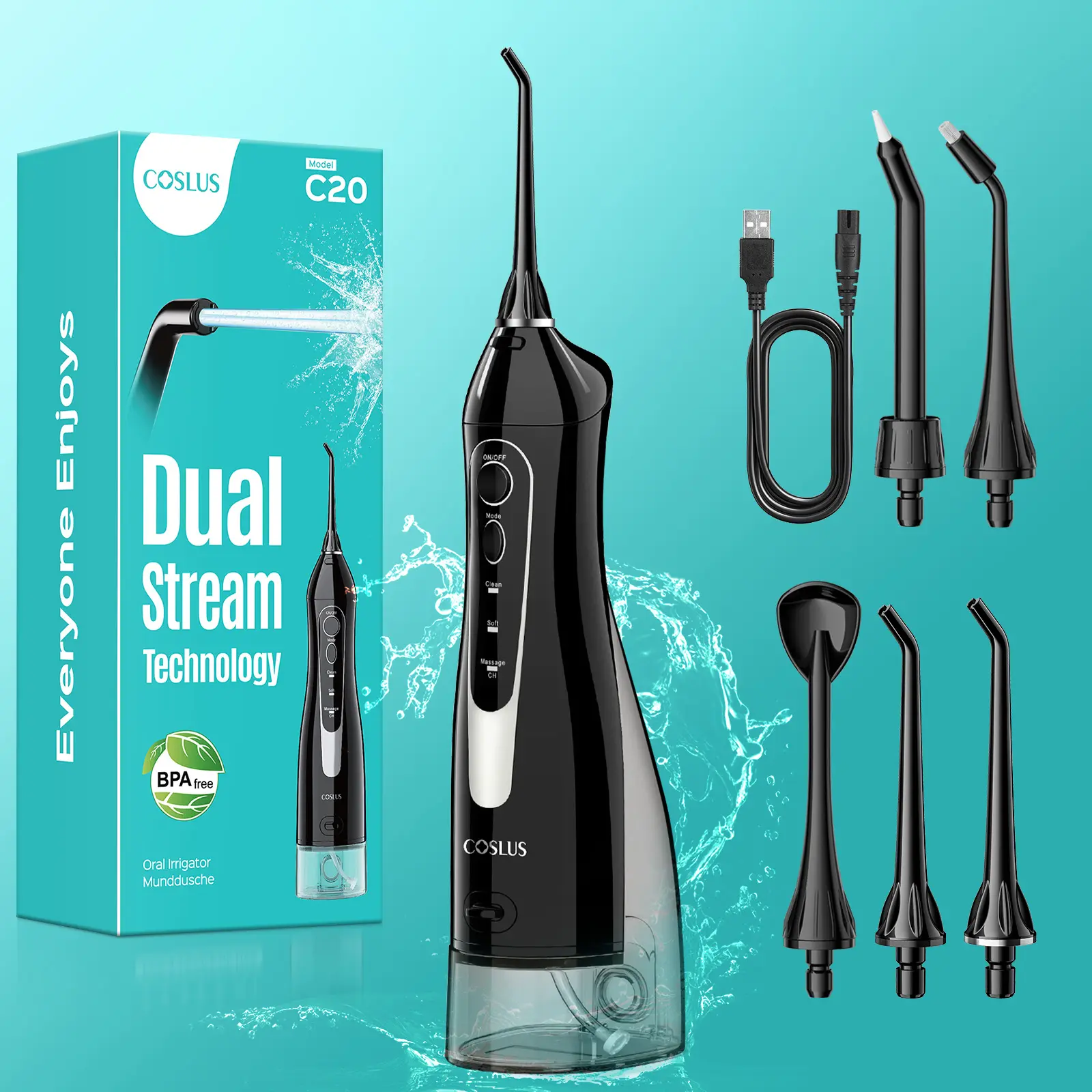 COSLUS CX20 Water Flosser Teeth Pick: with Lightweight Handle,HandlePortable Cordless Oral Irrigator,Includes Five Nozzle（Tongue Cleaner),Rechargeable Travel Irrigation Cleaner IPX7 Waterproof Electric Flossing Machine for Teeth Cleaning,White