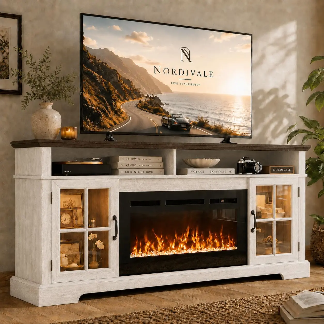 Aoxun Fireplace TV Stand with Electric Fireplace, Modern Entertainment Center with Storage Cabinets, TV Console Media Center for Living Room, Fits TVs Up to 70 Inch, Brown