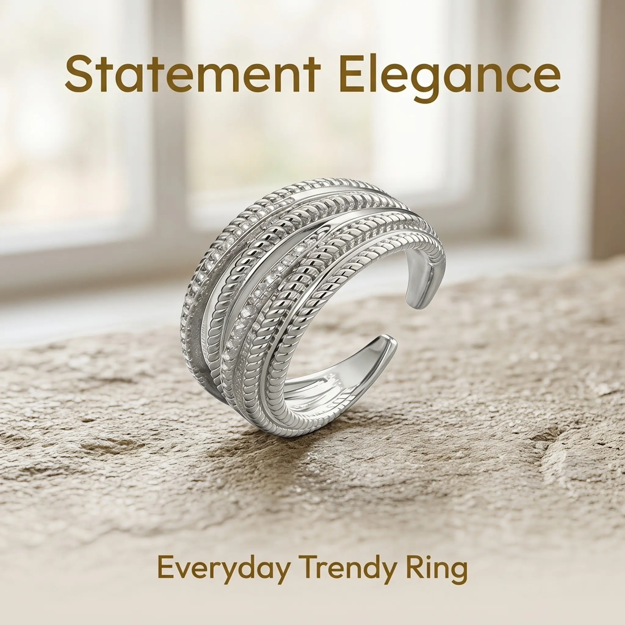 Women's Retro Braided Intertwined Statement Ring - Silver-Tone Textured Wide Band, Open Adjustable Costume Jewelry for Everyday, Party Use, Birthday Gift