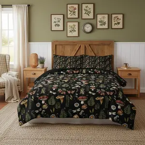 Feelyou Mushroom Comforter Set - 1-Piece Digital Print, Breathable Bedding Set with Natural Butterfly, Wild Plant Leaves Decor for Kids, Rustic Farmhouse Decor (Multi-Size)