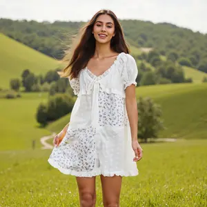 Women's Floral Print Maternity Dress Bow Tie Front Ruffled Trim V Neck Short Sleeve A-Line Mini Dress for Spring/Summer