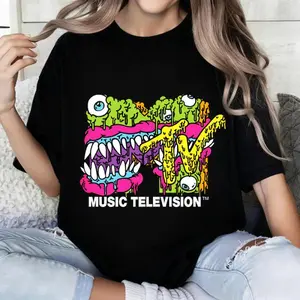 100 Percent Cotton Casual Streetwear Style T Shirt MTV Music Television Logo With Colorful Dripping Monster Mouth Design Summer And Spring Wear Perfect Gift For Music Lovers And Pop Culture Fans