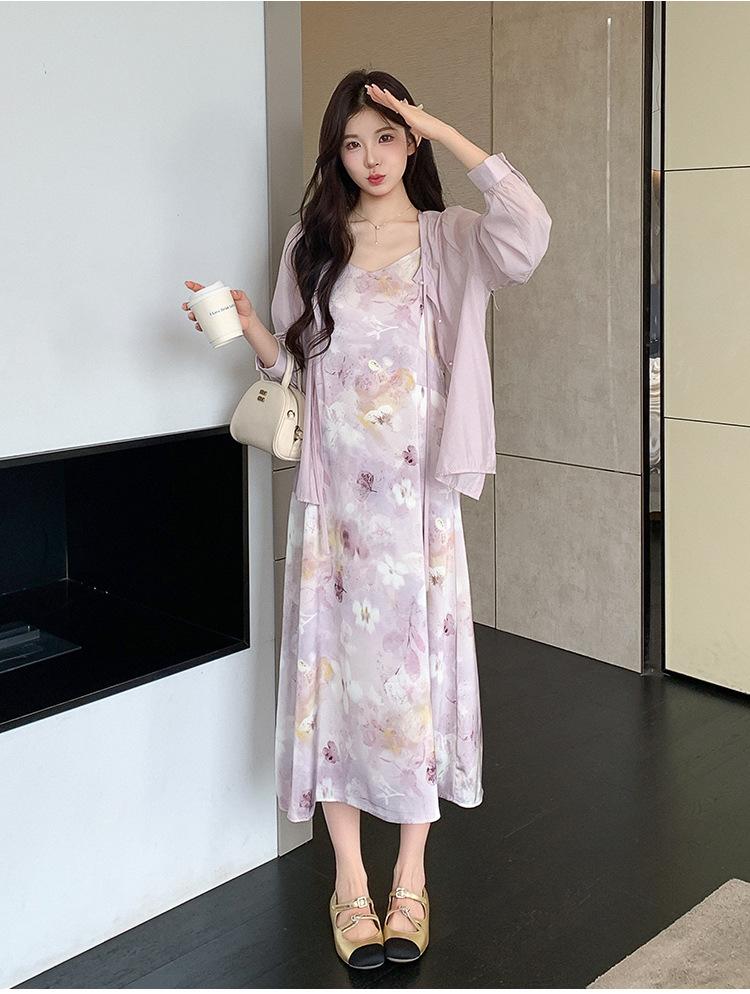 Sweet And Gentle Style Purple Printed Slip Dress Shirt And Cardigan Two-Piece Set