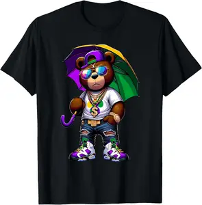 Mardi Gras For Boys Mens Hip Hop Teddy Bear New Orleans T-Shirt Graphic tees