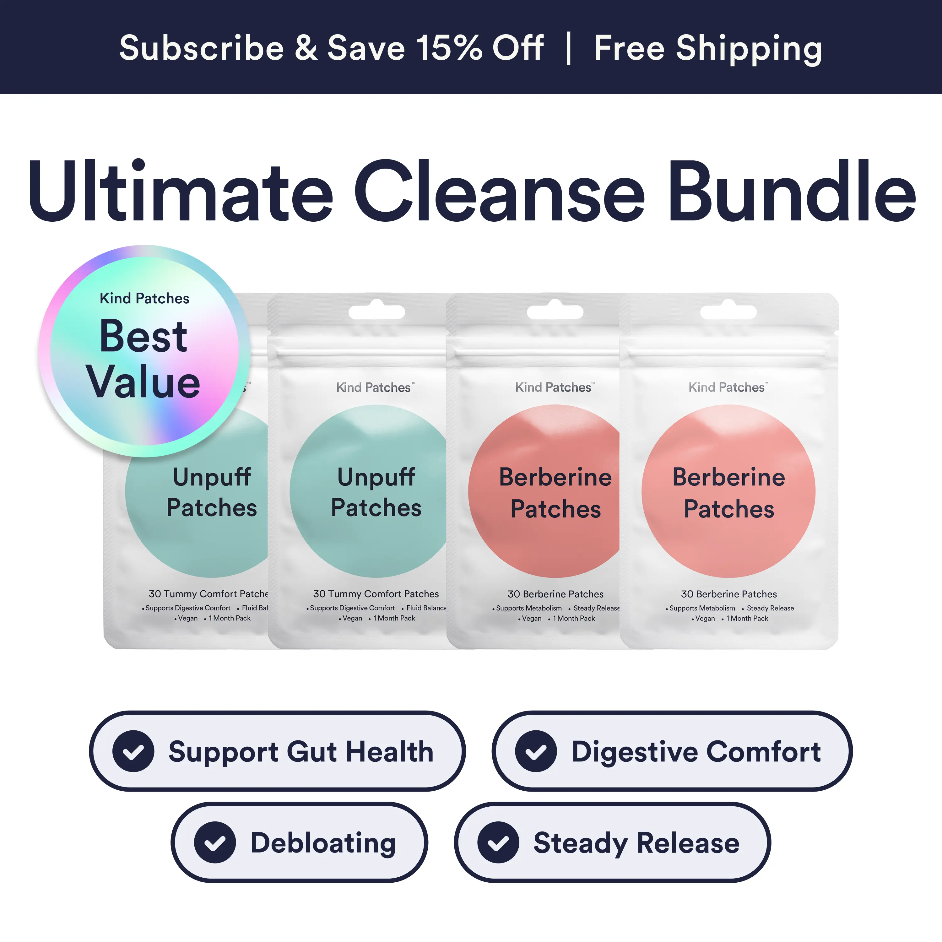 Kind Patches Ultimate Cleanse Bundle, 60 Unpuff Patches+60 Berberine Patches, Support Gut Health, Digestive Comfort, Debloating, Steady Release, Vegan