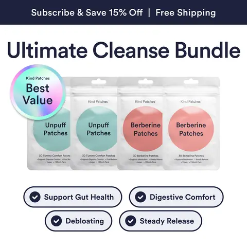 Kind Patches Ultimate Cleanse Bundle, 60 Unpuff Patches+60 Berberine Patches, Support Gut Health, Digestive Comfort, Debloating, Steady Release, Vegan