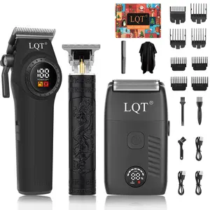 LQT Black Dragon Carved 3-in-1 Men's Grooming Kit, Cordless Hair Clipper with LCD Display, T-Blade Trimmer & Shaver, Complete Rechargeable Barber Set for Salon & Home DIY Fades, Edges & Beard Styling