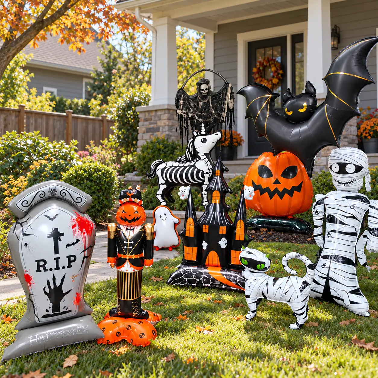 10 PCS Inflatable Decorations Set - 7.4 FT Giant Skeleton, Mummy, Spider, Bat, Black Cat, Pumpkin, Coffin, Skull Tree, Haunted Gate - Halloween Outdoor Decor for Yard, Lawn, Porch, Ideal for Decorating for Halloween