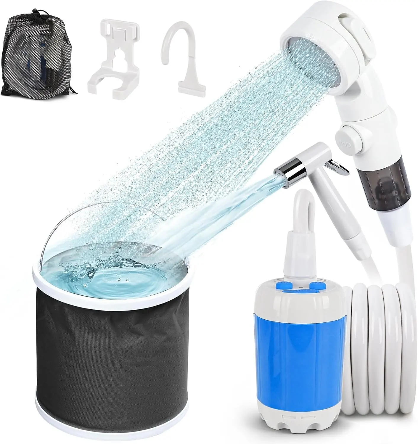 Rechargeable Battery Powered Portable Camping Shower Kit with Hose, Spray Gun & Folding Bucket for Outdoor Camping Hiking Beach RV Pet Cleaning Road Trips