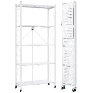 New Track Seven 5-Tier Storage Shelving Unit w/Hooks and Wheels, 27.95"x14.96"x63.78", Standing Foldable Storage Rack, Metal, Kitchen, Garage, No Assemble Require (White Hanging Organiser