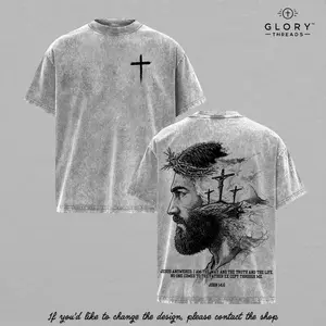 John 14:6 Vintage Washed Oversized Christian T-Shirt, Jesus Portrait Faith Graphic Tee, Heavy Cotton Dark Scripture Streetwear Top, Unisex Retro Worship Shirt for Believers