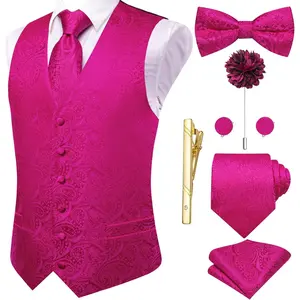 2026 Silk Mens Suit Vest Tie and Bowtie Lapel Pin Gold Tie Clip Paisley Floral Waistcoat 8PCS Set Tuxedo Wedding Party