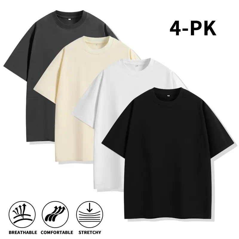Trendy Streetwear 4-Pack Men Soft Cotton Crew Neck Oversized Short Sleeve Tees Loose Drop Shoulder Fit Stretch Breathable Solid Plain Shirts Ideal For Daily Outfits Skate Casual Summer Athleisure Wardrobe Basics (optional 4-pk or 2-pk）
