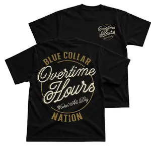 Blue Collar Overtime Hours Workwear T-Shirt, Tradesman Graphic Tee, Vintage Script Lettering Back Print Shirt, Front Chest Overtime Logo Tee, Black Blue Collar Labor Apparel, Work Hard Gift For Men Women