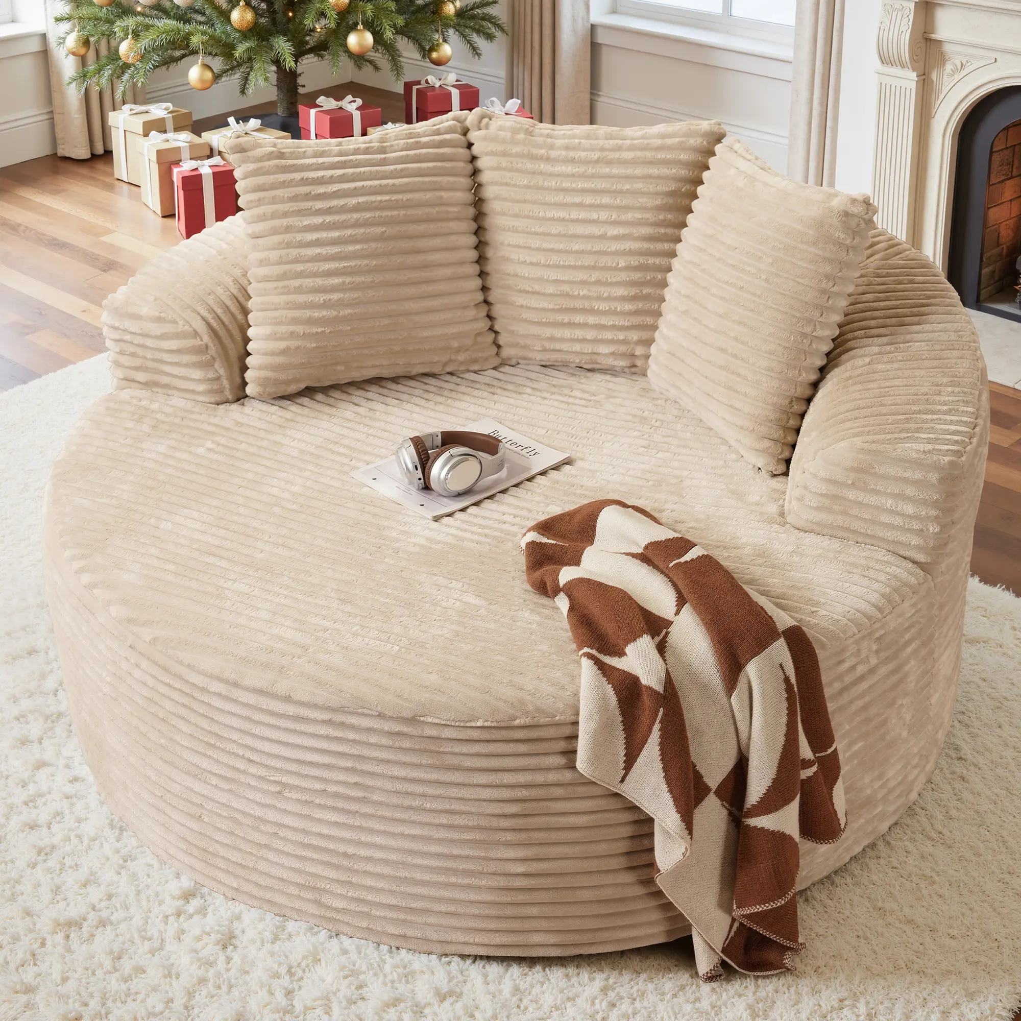 XIZZI 59'' O-Shaped Oversize Boneless Chaise Lounge Chair, lazy sofa bed, Cloud Circle Couch with Skin-Friendly Plush Corduroy for Living Room, Comfy Fluffy Sleeper Sofa, No Assembly Required