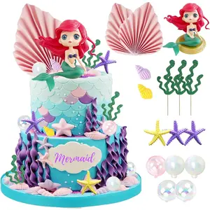 F-PSD22  16 PCS Mermaid Cake Toppers for Mermaid Under the Sea Themed Birthday Wedding Baby Shower Party Decorations Supplies Set Transparent