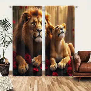2pcs Window Curtains, A majestic male lion and a serene lioness lie together, surrounded by vibrant red roses, in a softly lit forest.Window Drapes for Bedroom Living Room, Rod Pocket Window Treatment