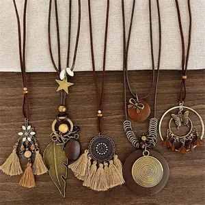 5pcs Bohemian Vintage Necklace Set for Women - Layered Y-Drop Choker with Feather, Leaf, Butterfly & Star Pendants, Maillard Color Palette (Brown/Black/Blue/Green/Red) - Elegant Everyday & Party Jewelry Gift for Birthdays, Anniversaries