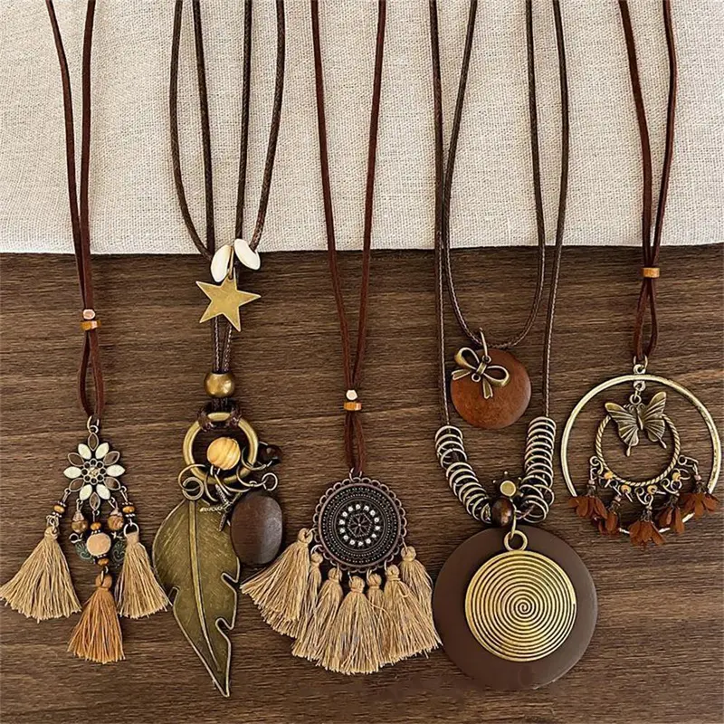 5pcs Bohemian Vintage Necklace Set for Women - Layered Y-Drop Choker with Feather, Leaf, Butterfly & Star Pendants, Maillard Color Palette (Brown/Black/Blue/Green/Red) - Elegant Everyday & Party Jewelry Gift for Birthdays, Anniversaries