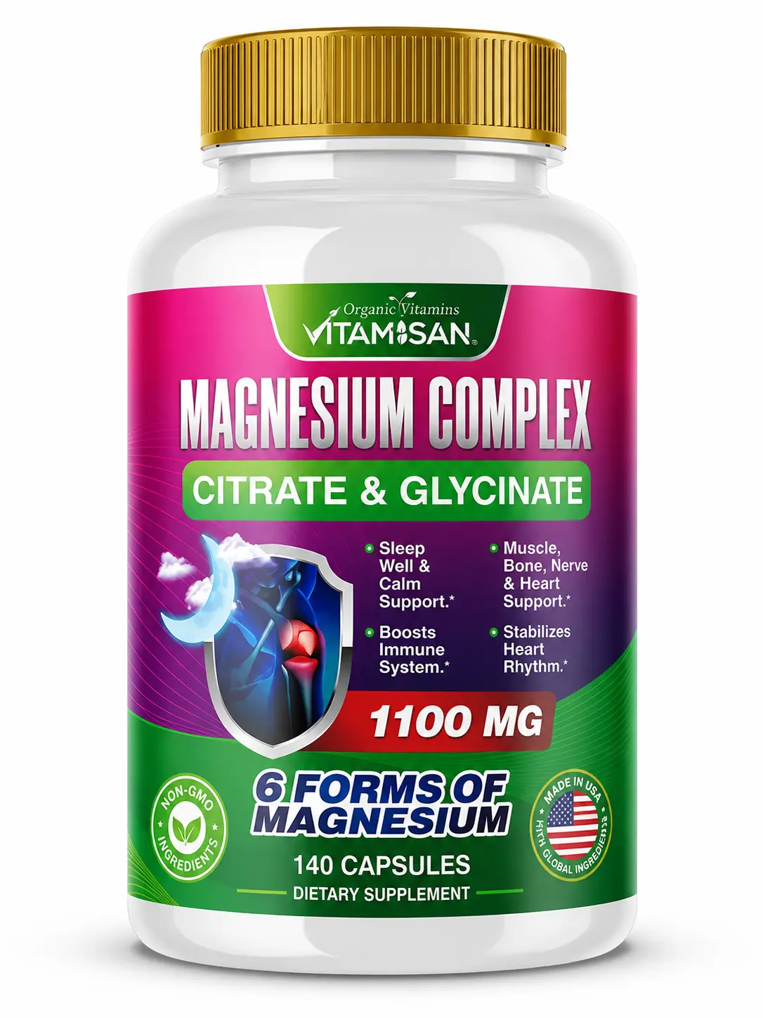 Vitamisan High Absorption Magnesium 6 Forms of Magnesium Citrate Chelated Glycinate Chloride Malate Oxide 140 Capsules Gluten Free Non GMO