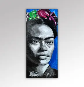 Rebel Bloom - 20"X42" Acrylic on Cardboard Frida Portrait painted in 2 hours on TikTok Live