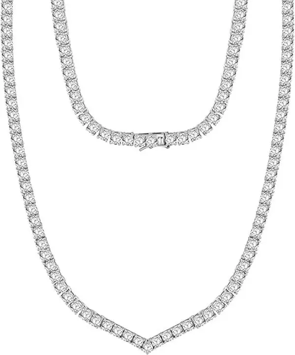 Gemsme Cubic Zirconia Necklace V Shape 18K White Golden Plated 4.0mm Round Cubic Zirconia Classic Tennis Necklace For Women