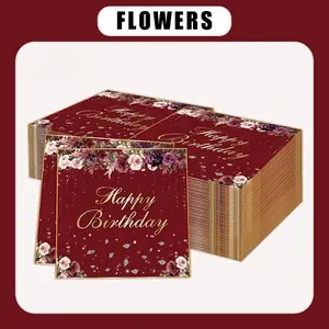 20pcs red birthday theme decorative paper napkins, with golden fonts and floral patterns, and pinkish-purple floral patterns, are suitable for birthday party table decoration, coming-of-age ceremonies, afternoon tea, and decorative napkins