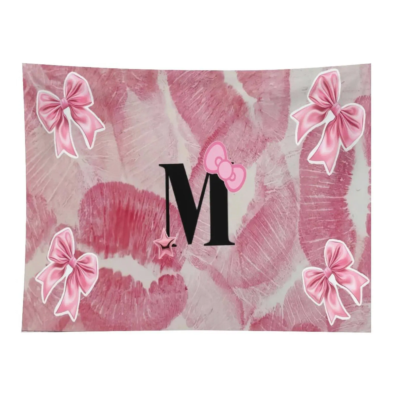 Pink Lip Print Background Letter M With Bows Wall Tapestry, Coquette Girly Aesthetic Bow Star Art For Teen Girls Bedroom Wall Ornament