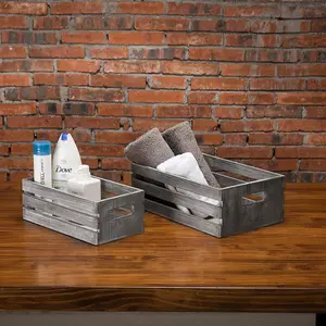 Light Gray Wood Nesting , Storage Crate Boxes with Handles, Set of 2