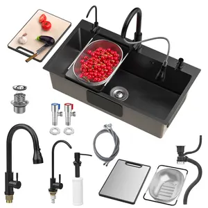Huxhwsi Black Stainless Steel Kitchen Sink, Single Bowl Workstation Sink with Cutting Board and Drain Basket, Drop-In Installation, 31.5 x 17.7 in