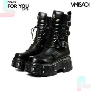 Platform Combat Boots For Women Goth Mid Calf Round Toe Chunky Block Heel Lace Up Side Zipper Buckles Motorcycle Biker Boots Gothic Trendy Booties Deals For You Days