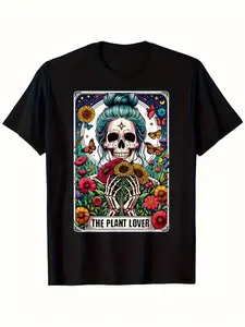 Men's & Women's Vintage Plant Lover Tarot Card & Botanical Graphics T-Shirt - 220GSM Pure Cotton Short Sleeve Shirt with Tarot Skeleton Flower Gardening Print, Casual Round Neck Tee