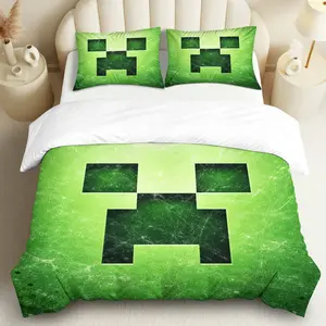 3PCS Duvet Cover Set, 1 Duvet+2 Pillowcases(Without filler), Gaming Green Pixel Face theme, Halloween bedding set, Minecraft Inspired Suitable for decoration bedroom dorm room game room studio Bed Sets Supplies