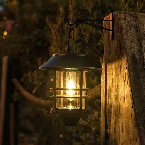 DERAYSION 2-Pack Rustic Solar Outdoor Lanterns - Metal+Glass Hanging Accent Lighting Wall Lights with Batteries Built-In, Bulb, Mount Bracket, Waterproof Dusk-to-Dawn Auto-On/Off, 6-8/8-10h Night Light for Patio Decor
