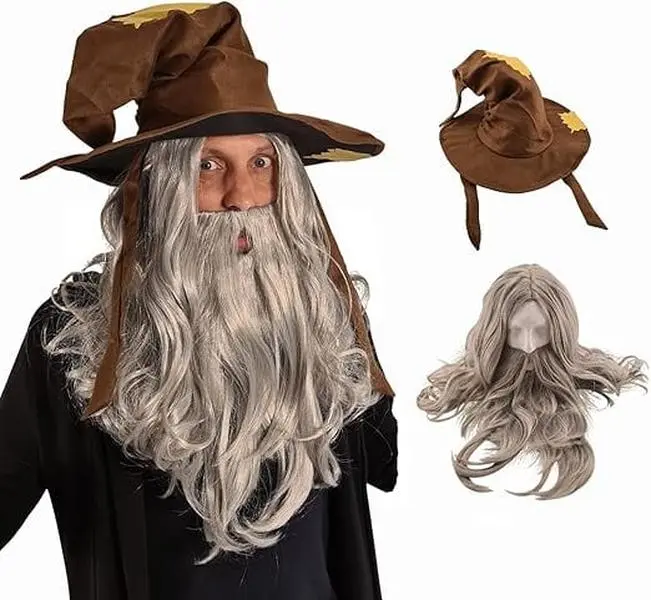 HandinHandCreations Wizard Wig and Long Beard with Wizard Sorcerer Costume Hat - All Included