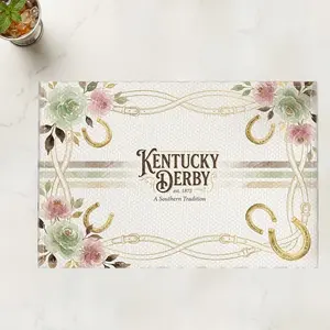 Kentucky Derby Party Placemats Set of 4, 12x18 Inch Horse Racing Table Mats, Reins and Roses Equestrian Decor for Derby Day Watch Party, Spring Garden Bridal Shower, Pink Green