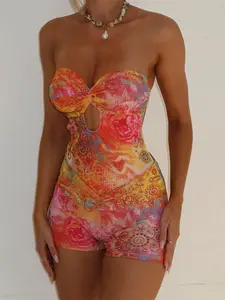 Women's Sexy Slim-Fitting Floral Print Romper, Casual Summer One-Piece Jumpsuit, Stretchy Overalls, Comfortable & Stylish Women's Clothing