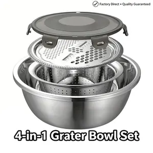 4 In 1 Stainless Steel Kitchen Drain Basin, Food-Grade Safe Durable, Rice Washing Impurity Removal Fast Draining Ginger Grater, Lid Seal Anti-Odor, Home Kitchen Food Prep Space-Saving Storage