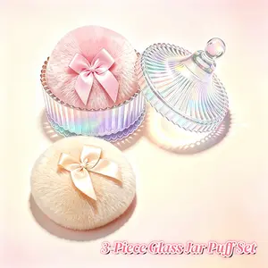Crystal Glass Powder Puff Storage Jar Set,Soft Velvet Puff Container with Lid,Dusting Powder Box,Body Powder Puff and Holder,Makeup Applicator Wet Dry,Vanity Organizer Bathroom Decor,Gift for Teen Girls Best Friend Birthday,Mother Day Present Women