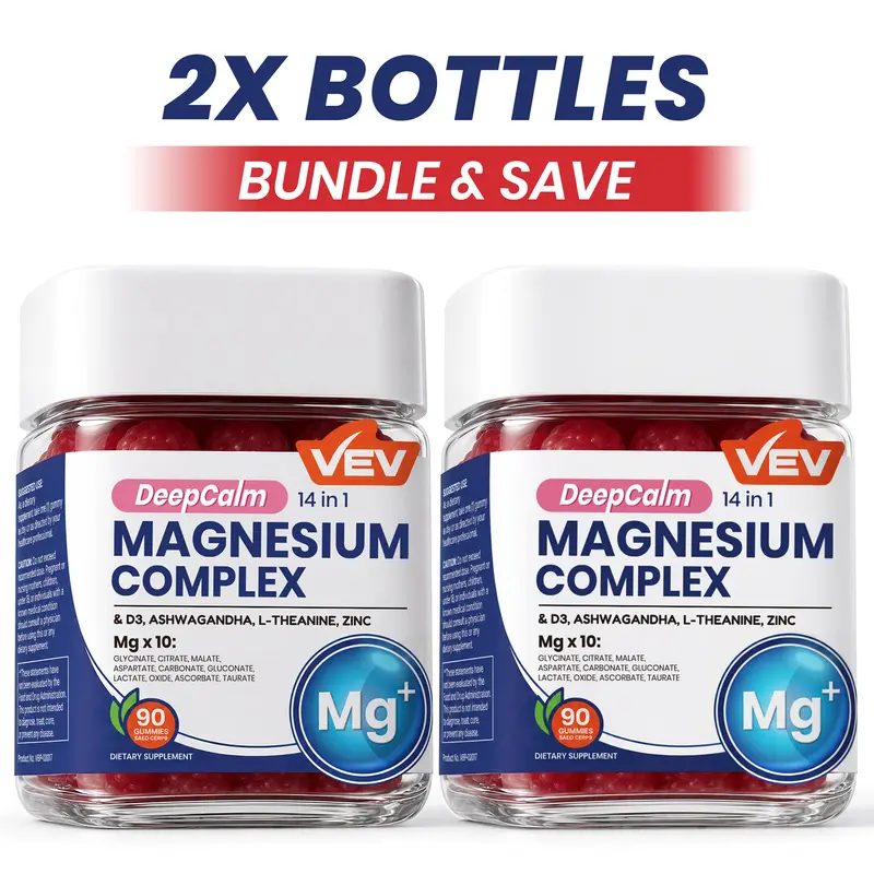 VEV DeepCalm Magnesium Gummies, 14-in-1 Magnesium Complex with Ashwagandha, L-Theanine, Vitamin D3 & Zinc