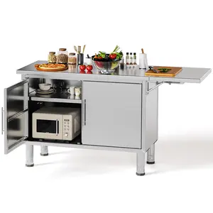 Stainless Steel Kitchen Cabinets, 57"x19.7" Commercial Worktable with Extend Panel & Adjustable Shelf, Heavy-Duty Kitchen Prep Table Workbench for Home, Restaurant, Garage and Hotel