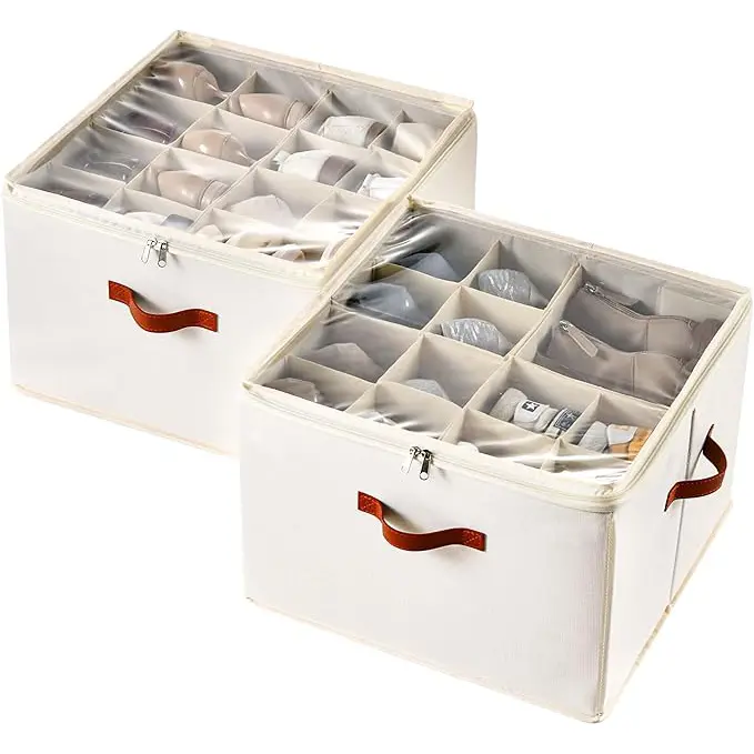Large Shoe Storage Bin for Closet, Shoe Organizer Box Fits up to 16 Pairs, Collapsible Fabric Shoe Basket w/Clear Cover, Adjustable Dividers & Reinforced Handles