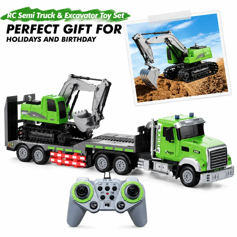 1:12 Scale Plastic RC Semi-Truck & Excavator Toy Set - 2.4Ghz Rechargeable Battery Flatbed Lorry with Lights, Sounds, Included Cars, Realistic Construction Vehicle for 4-6 Years Old Boys, Little Boy Gifts, RC Cars