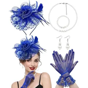 5 Pack Fascinators Hat for Women  Party Veil Mesh Headband  Hat Lace Gloves   Set for 1920s Party