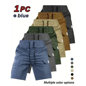 [Casual Cargo Shorts] Breathable Polyester Men's Casual Shorts with Drawstring Waist, Flap Pockets & Letter Patch | Regular Fit, Solid Color for Summer, Summer Wear
