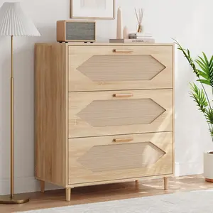 3 Drawer Dresser: Modern Rattan and Wood Oak Storage Solution for Bedrooms, Hallways, and Living Rooms - Stylish Chest of Drawers for a Natural and Contemporary Look