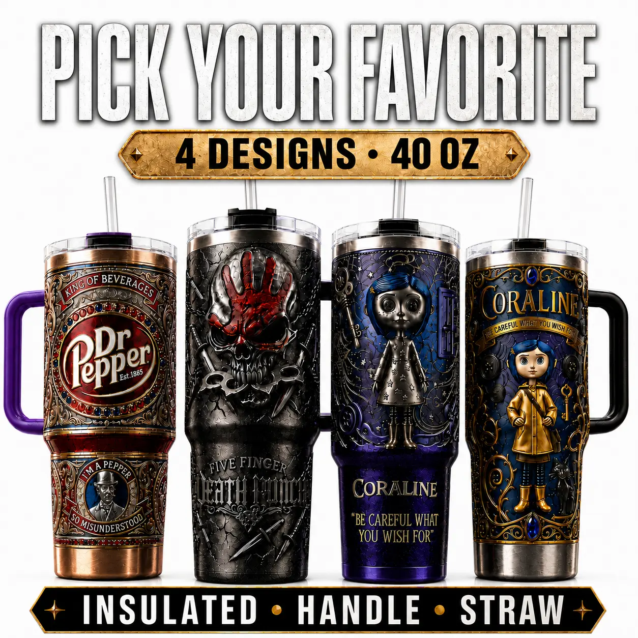 Gothic Dark Fantasy Insulated Tumbler with Handle & Straw, Spooky Art Travel Cup, 30oz 40oz Reusable Drink Tumbler
