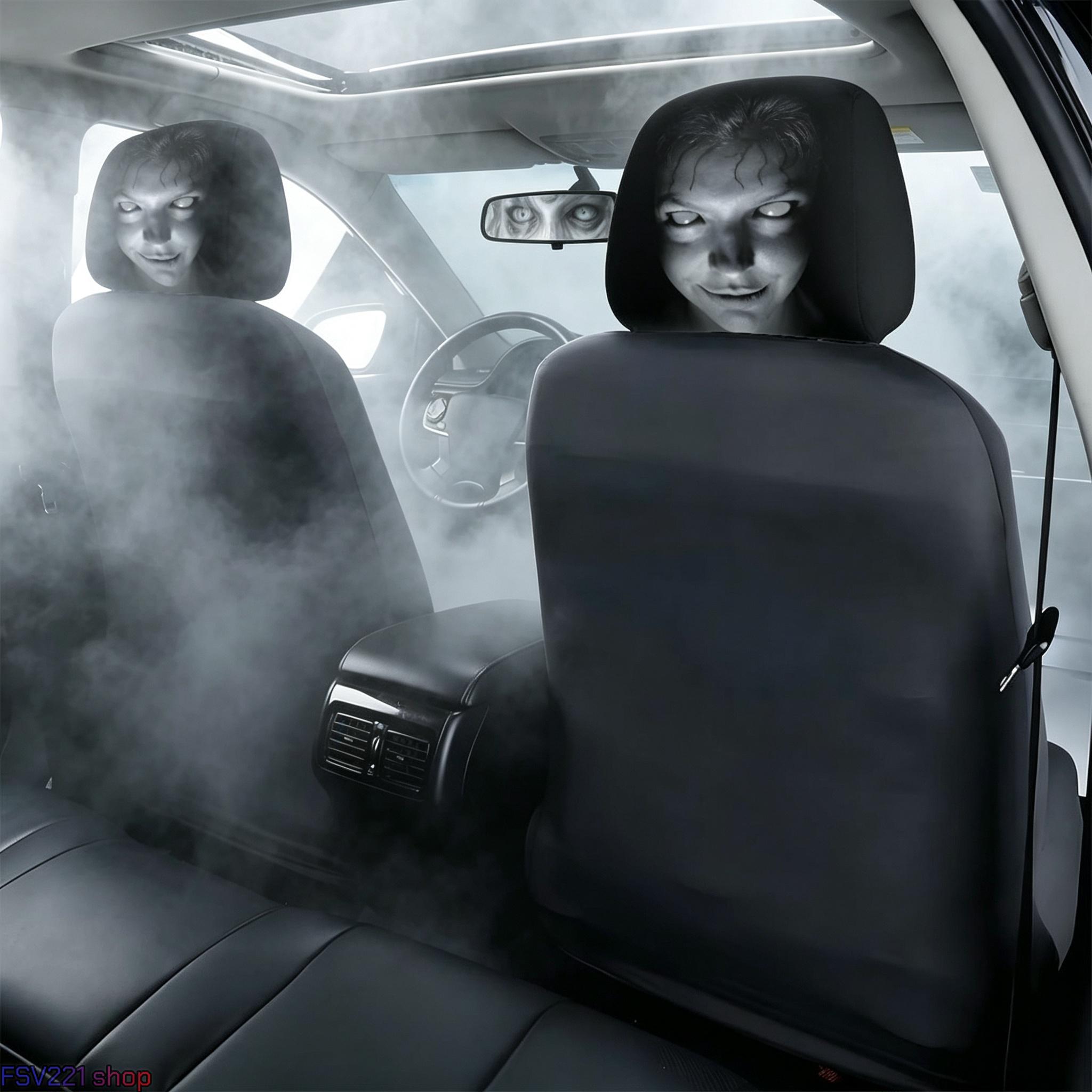 2-Pack Creepy Horror Ghost Face Car Headrest Covers - Slip-On Stretch Comfortable Material Auto Accessories for Spooky Pranks, Halloween Decor, Oddities Gifts, Car Decorations